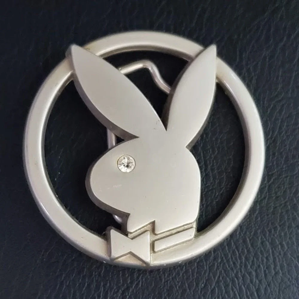 PLAYBOY Bunny Logo Rhinestone Silver Tone Round Belt Buckle Vintage Unisex